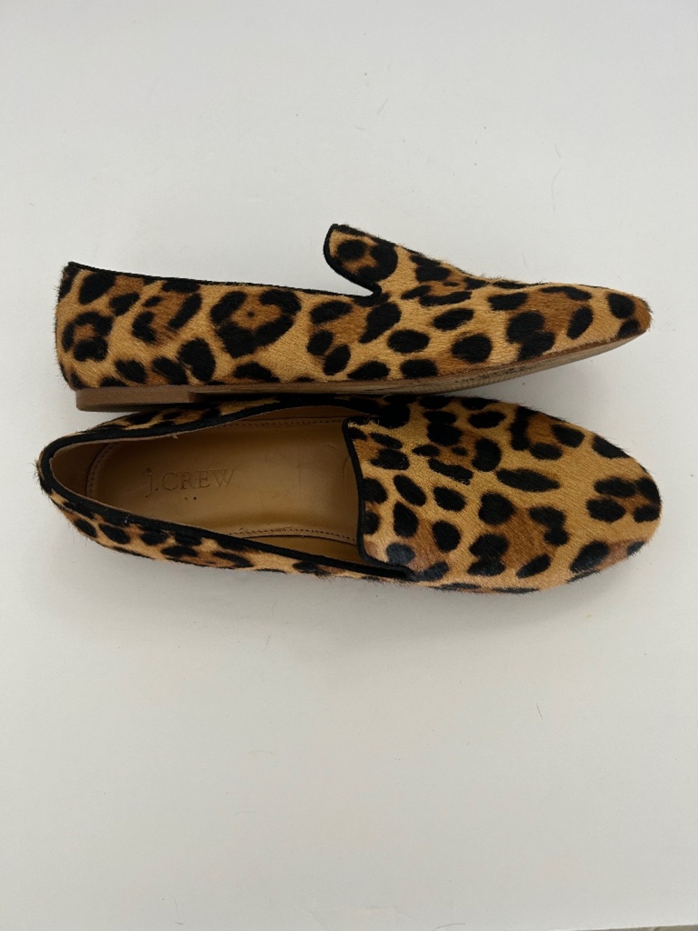 J.Crew Leopard Calf Hair Smoking Loafers:dyed calf hair upper classic black trim